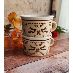 2 Vintage Soup Mugs Ice Cream Bowls Flowers Birds Raised Glaze 80s Kitsch